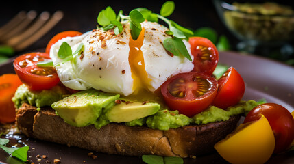 Avocado toast with poached eggs and cherry tomatoes