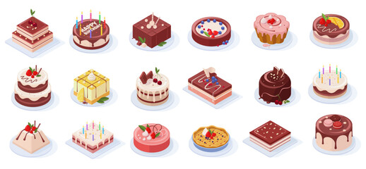 Isometric birthday event tasty strawberry, vanilla, chocolate cakes
