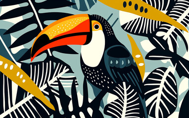 ilustração colorida de tucano, estilo linecut, padrão, vetor, linhas em negrito