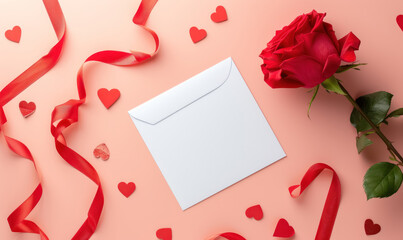 valentine's day envelope and red rose on pastel background