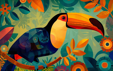 ilustração colorida de tucano, estilo linecut, padrão, vetor, linhas em negrito - obrazy, fototapety, plakaty