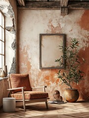 Rustic Living Room Interior with Aged Armchair and Textured Poster Frame in Farmhouse