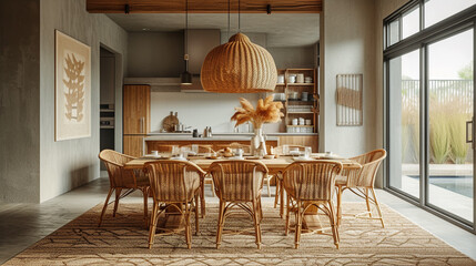 A dining room with wicker dining chairs and a stylish wicker pendant light, blending sophistication with casual charm.