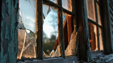 Crime Scene: Broken Glass in Window Frame Reflecting Danger