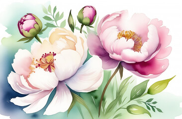 Peonies. Illustration of flowers with buds, flowers and leaves of peonies. Peonies for wedding invitation, card or poster.