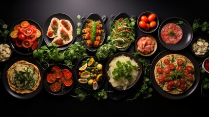 Fototapeta premium Top view of a festive Full table of Italian dishes on plates: pizza, ravioli, pasta, bruschetta, salads, vegetables, cheeses, sausage, snacks on a black background.