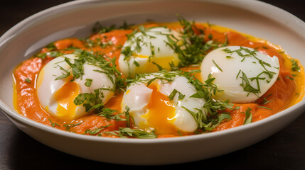 Eggs poached in a spicy tomato and bell pepper sauce, garnished with fresh herbs.