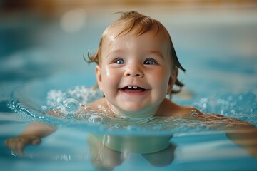 Fototapeta na wymiar Adorable baby experiencing the joy of swimming in a pool first time. With a big smile on face