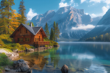 A tranquil wooden cabin by the lake, surrounded by majestic mountains. Created with generative AI.