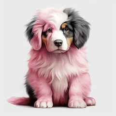 Valentine Bernese Mountain dog, pink fur, white background.