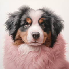 Valentine Bernese Mountain dog, pink fur, white background.