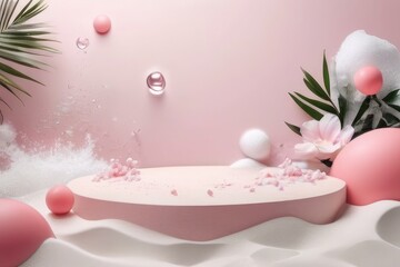 beauty products and leaf background inn sea podium Cosmetics Background Cosmetics or skin care product ads banner.