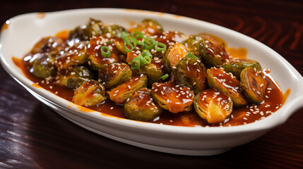 Caramelized Brussels sprouts coated in a sweet maple glaze.