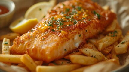 Close up of fish and chips with french fries. Fast food concept. - obrazy, fototapety, plakaty