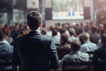 Speaker Giving a Talk at Business Meeting. Audience in the conference hall. Rear view of unrecognized participant in audience .