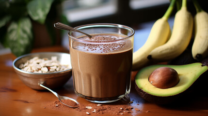 Rich and creamy chocolate avocado smoothie with almond milk and banana. - obrazy, fototapety, plakaty