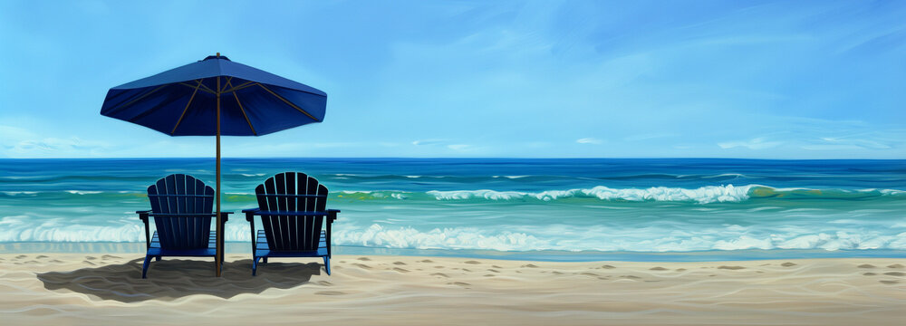 Beach panorama with two chairs. Idyllic seaside banner. Perfect image for conveying a tranquil vacation scene, featuring two chairs against a scenic coastal backdrop. Ideal for travel and leisure-rela