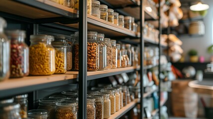 Shelves in pantry with different types of food in jars
