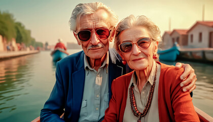 Handsome and fashionable seniors travel around Europe, active and happy life