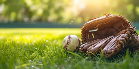 Baseball glove and ball on green grass with sunlight in the morning