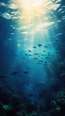 Fototapeta na wymiar Tropical underwater scene with fish and sun rays. Underwater world .