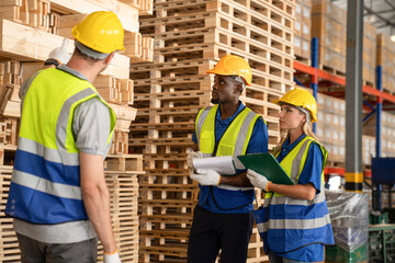 Warehouse employees and managers inspect stocks and finished wood products. Inventory in retail warehouses filled with shelves Work in a logistics and distribution center.