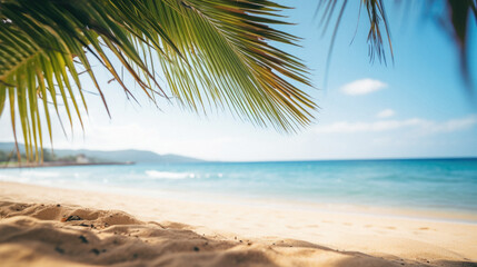 Fototapeta na wymiar Blur image of tropical beach with coconut palm tree and blue sky background