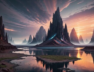 incredibly beautiful landscape with a mountain river. at sunrise. The bright colors of the ambient light are like something out of a game.