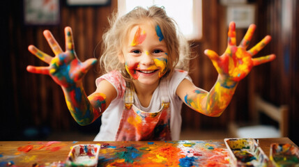 Cute little girl with her hands painted in bright colors at home