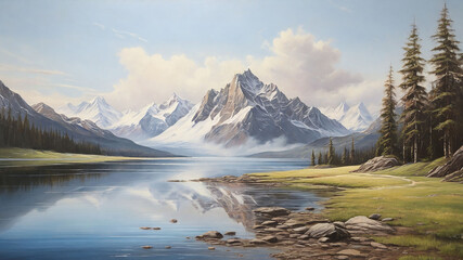 Fototapeta na wymiar Mountain lake background painting