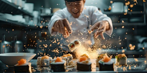 Professional chef in action, creating sushi with flair. culinary art and precision, dynamic kitchen scene. ideal for cuisine and hospitality marketing. AI