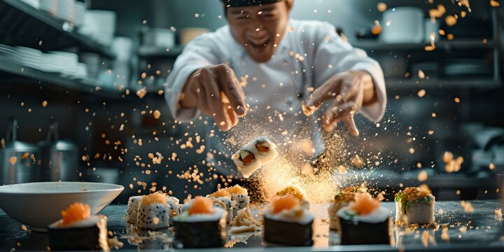 Professional chef in action, creating sushi with flair. culinary art and precision, dynamic kitchen scene. ideal for cuisine and hospitality marketing. AI