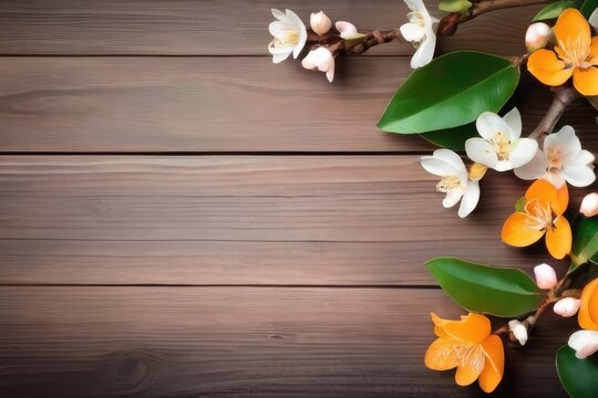 Spring flowers on vintage on a dark rustic wooden background table. Spring background with blossoming apricot branches and cherry branches, blossom. Top view 