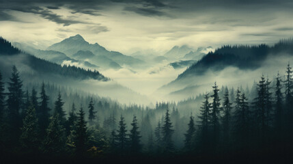 Foggy landscape with mountains and coniferous forest in the foreground