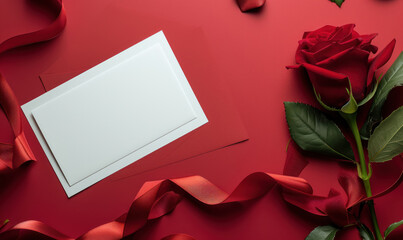 valentine's day concept with rose, blank card and red ribbon on red surface
