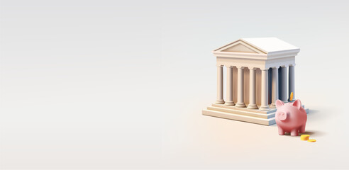 Bank Building 3d realistic render illustration with piggy bank savings, deposit or credit account banner