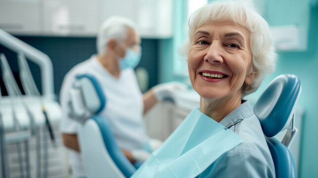 Smiling mature woman in dental chair at dentist appointment.