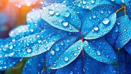 the captivating beauty of transparent water droplets on vibrant blue leaves, kissed by a sun glare. Apply a soft touch to evoke a sense of tranquility, accentuating the delicate interaction between li