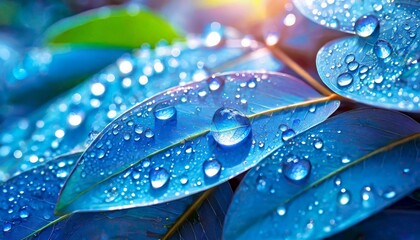 drops on leaf.the captivating beauty of transparent water droplets on vibrant blue leaves, kissed by a sun glare. Apply a soft touch to evoke a sense of tranquility, accentuating the delicate interact