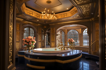 Lavish Bathroom with Gold Leafed Fixtures and Jacuzzi  - obrazy, fototapety, plakaty