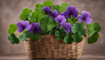 Purple shamrocks plant in a plastic pot