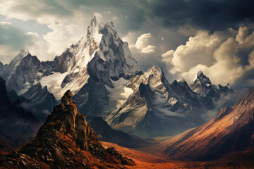 Beautiful mountain landscape with snow-capped peaks in the clouds