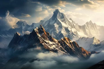 Fotobehang Beautiful mountain landscape with snow-capped peaks in the clouds © Kitta