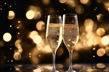 Glasses of champagne on bokeh background. New Year celebration