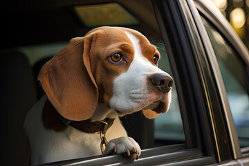 Beagle dog looking out the window of a car