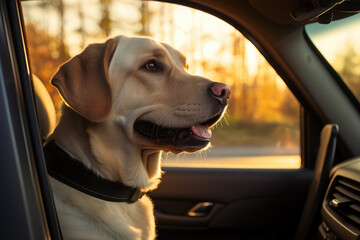 Beagle dog looking out the window of a car