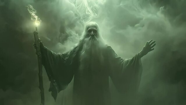 Old sorcerer with outstretched arms holding a staff. dark background with smoke. Generative AI