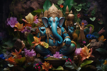 Naklejka premium Ganesha statue with flowers and plants. Ganesha is a Hindu god