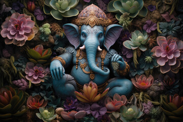 Ganesha statue with flowers and plants. Ganesha is a Hindu god - obrazy, fototapety, plakaty