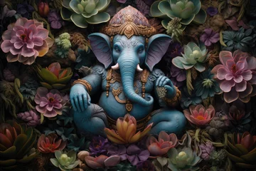 Tuinposter Ganesha statue with flowers and plants. Ganesha is a Hindu god © Kitta
